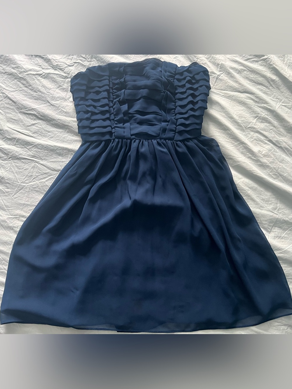 Strapless Navy Ruffled Bodice Chiffon Dress